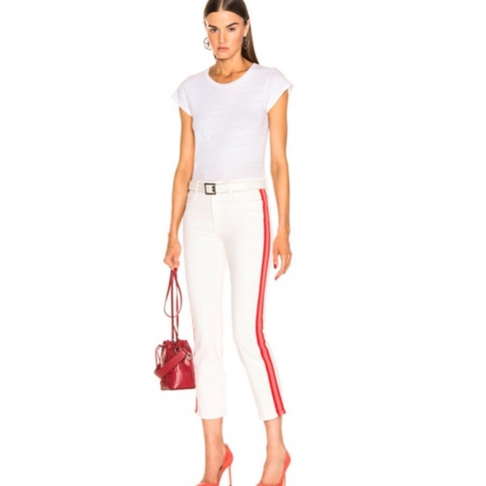 MOTHER White Cropped Jeans with Red Side Stripe